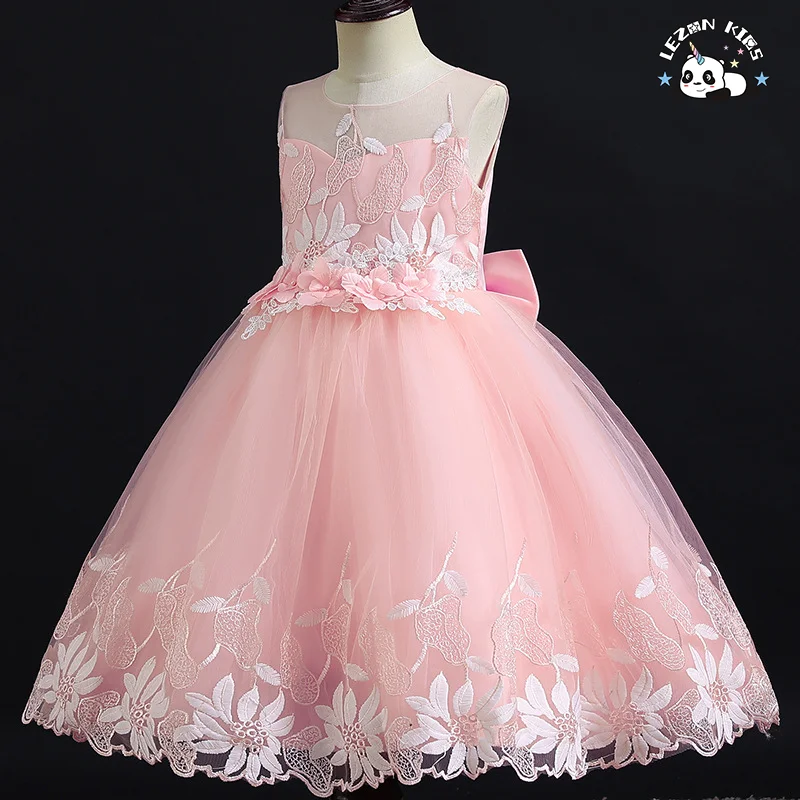 LEZONKIDS - Western style tailed girl wedding dress elegant crew neck baby girls dress design kid beaded dresses for girls of 10 year old